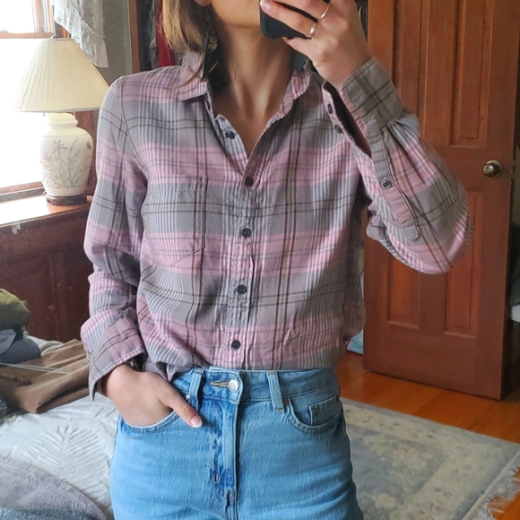 J. Crew Tops - J Crew Soft Pink & Brown Plaid Button Up Top